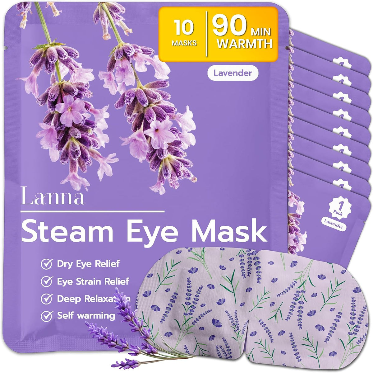 LANNA Heated Steam Eye Mask, Disposable 120 Minutes, Lavender Scent, 5 Pcs