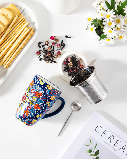 vancasso Ceramic Tea Mug with Infuser and Lid, 18 Ounce Bohemian Loose Leaf Cup, Microwave & Dishwasher Safe, Perfect for Tea, Coffee, Burnt-Cobalt Mandala