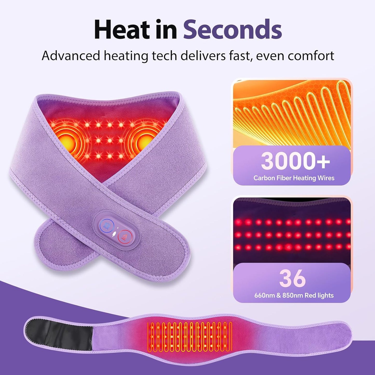 Cordless Neck Heating Pad for Pain, Neck Massager with 660nm 850nm Red Light, Heated Neck Wrap with 3000mAh Rechargeable, 3 Levels Heat & Massage, Black