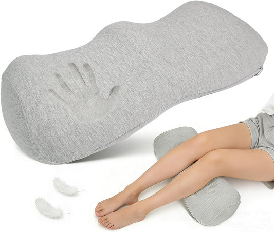 Ergonomic Knee Pillow for Back Sleeping - Memory Foam Bolster Pillow for Sleep Improvement, Knee Support, Leg Elevation, Back Pain Relief, with Softer Non-Irritating Washable Cover, Grey