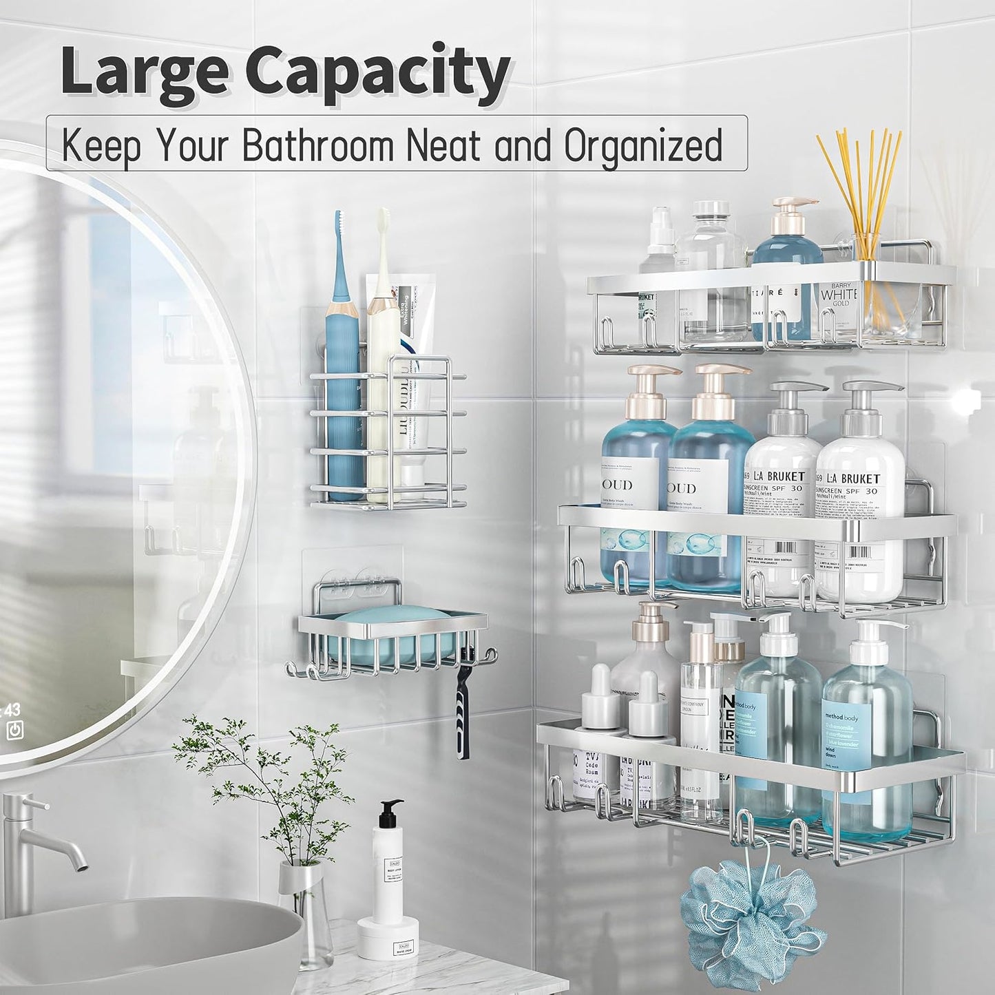 Liuoud 5 Pack Shower Caddy for Inside Shower, Gold Bathroom Storage Decor | Large Rustproof Stainless Steel Organizer with Strong Adhesive, No Drilling Wall Mounted Shelves, Bathroom Accessory Set