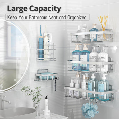 Liuoud 5 Pack Shower Caddy for Inside Shower, Gold Bathroom Storage Decor | Large Rustproof Stainless Steel Organizer with Strong Adhesive, No Drilling Wall Mounted Shelves, Bathroom Accessory Set