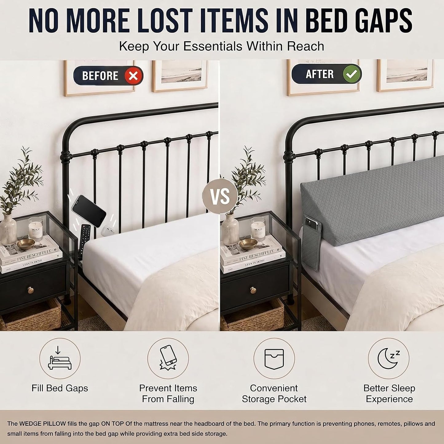 Twin Bed Wedge Pillow for Headboard Gap/Bed Gap Filler Black | Long Triangle Corner Pillows with Pockets,Dense Foam,Pillow Prevents Stuff Drops, Between Twin Mattress and Frames Home Decor