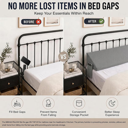 Twin Bed Wedge Pillow for Headboard Gap/Bed Gap Filler Black | Long Triangle Corner Pillows with Pockets,Dense Foam,Pillow Prevents Stuff Drops, Between Twin Mattress and Frames Home Decor