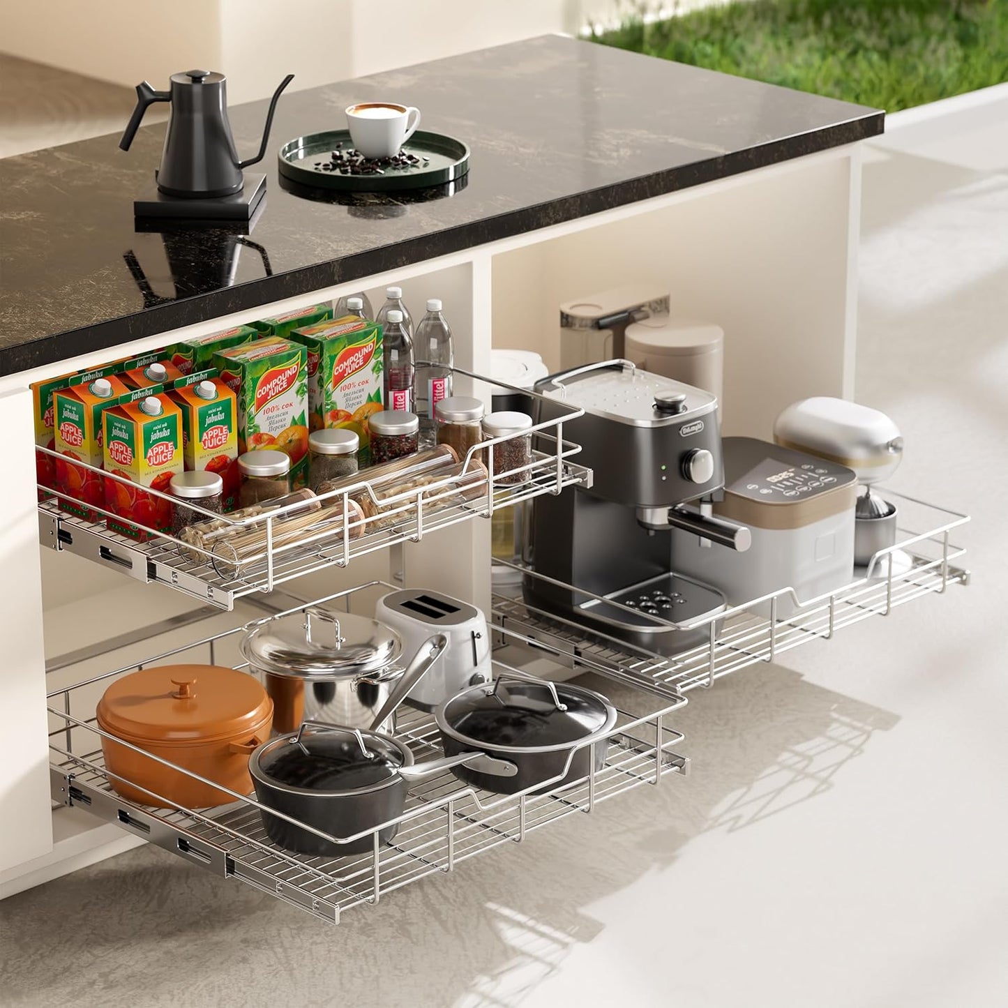 Pull Out Cabinet Organizer 15" W X 22" D, Chromed, Full Slide Out Drawers | For Kitchen Organizers and Storage, Pull Out Drawers For Cabinets Capacity Heavy Duty Caddy, Cabinet Shelves, Bathroom Pantry