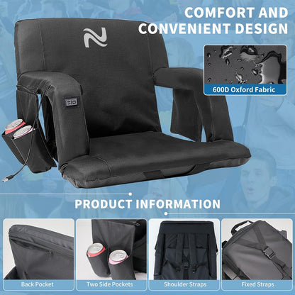 Wide Heated Stadium Seat for Bleachers w/Back Support & Cushion | 5-Position Adjustable Heated Stadium Seat with Armrests, 3 Heat Levels, Anti-Slip, Side Pockets, Backpack Straps (No Battery)