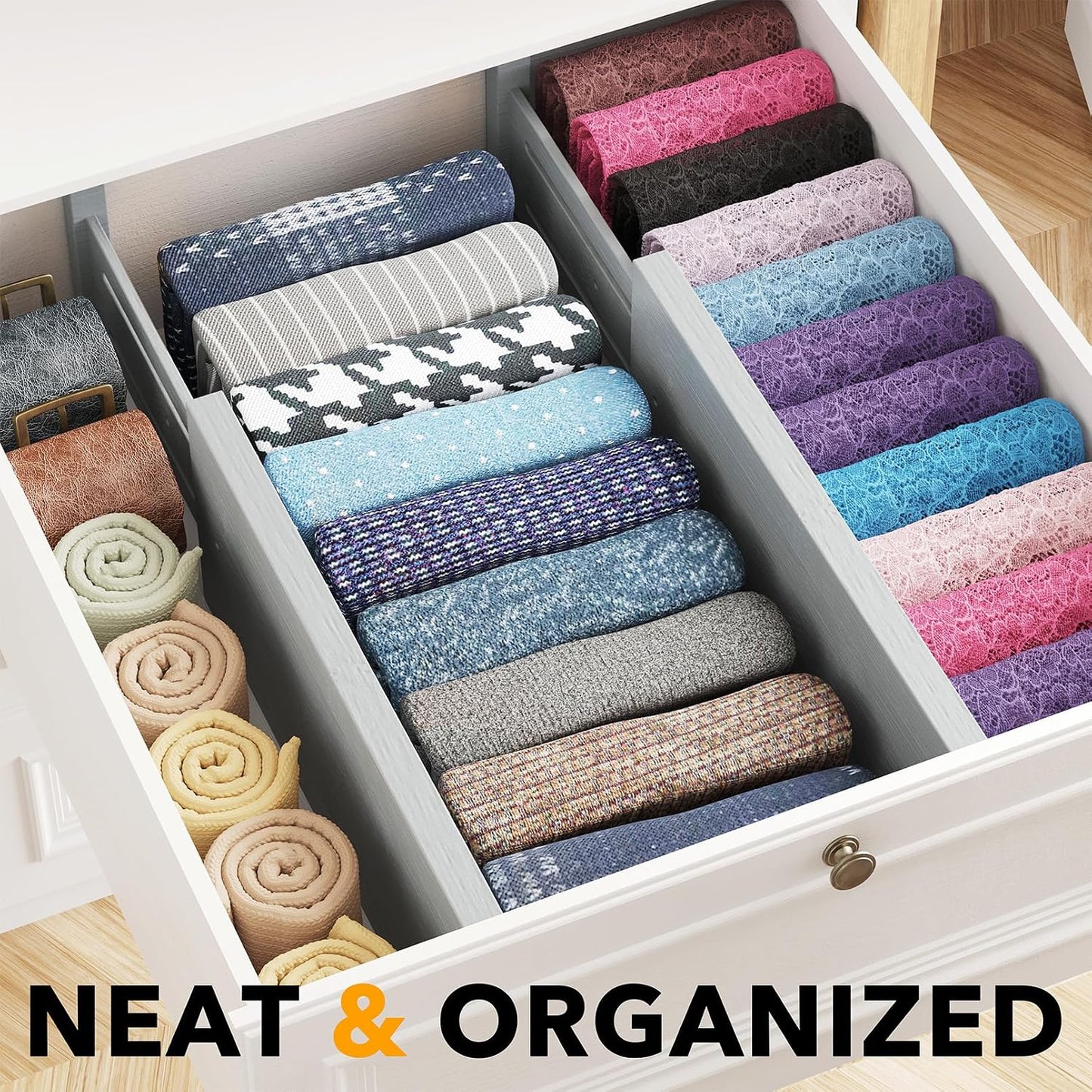 SpaceAid Bamboo 4 Pack Dresser Drawer Dividers, 4.65“ High Adjustable 12.5“-17” Drawer Organizers, Expandable Organization for Clothing, Clothes, Dressers, Black