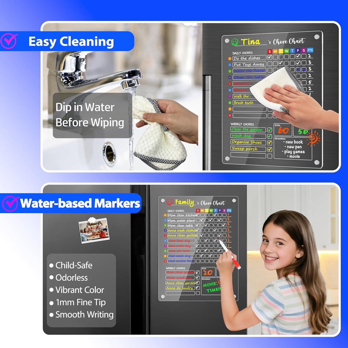 PigPotParty 2-in-1 Acrylic Magnetic Chore Chart for 2 Kids, Large 16x12 in | Clear Dry Erase Fridge Chore Board for Teens, Roommates; Vibrant Layout; Embedded Magnets; 12 Wet-Erase Markers and Towel