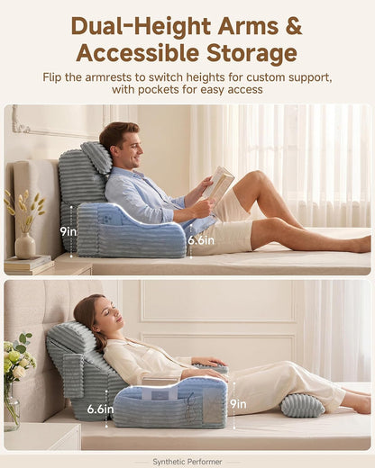 Foldable 5PCS Reading Pillow for Bed, Grey, 19” | 2 in 1 Bed Pillow for Sitting Up, Back Pillow with Arms, Wedge Pillow for Watching TV, Reading, Gaming, Post Surgery, Nursing