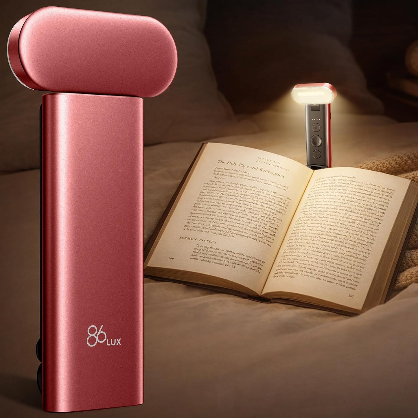 86lux Book Light, Rechargeable Reading Light for Book in Bed | 3 Color Modes & Stepless Dimming, Aluminum Alloy LED Bookmark Light for Book Lovers, Technology Black