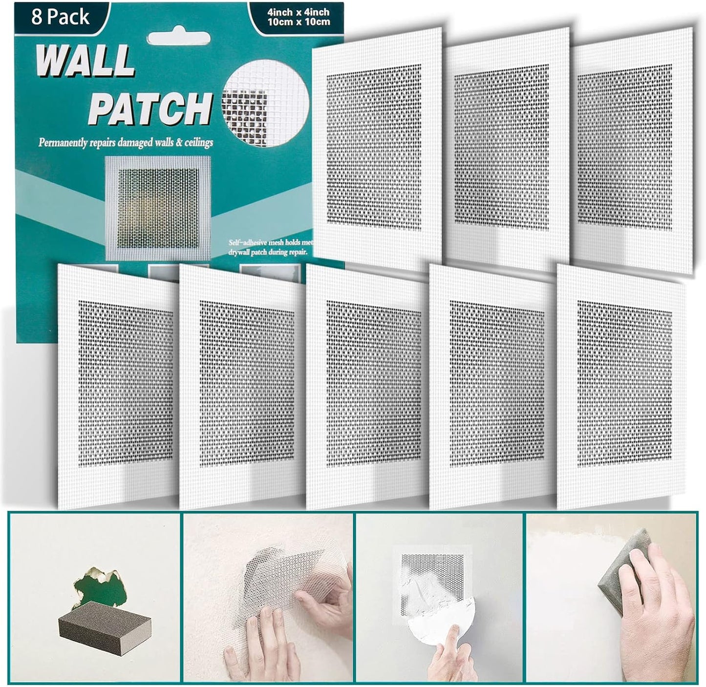 8Pcs 6 Inch Drywall Patch, Wall Repair Patches Wall Hole Repair Patch | Wall Patch for Aluminum Metal Sheetrock Ceiling, Self-Adhesive Fiberglass Repair Kit(6"x 6")