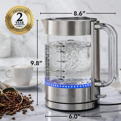 OVENTE 1.7L Double Wall Glass Electric Kettle Water Boiler, Silver KG912S | 1500W Fast Boiling, Easy Fill Lid, Borosilicate Glass, Cool-Touch Design, Blue LED, Auto Shut-Off, Boil-Dry Protection