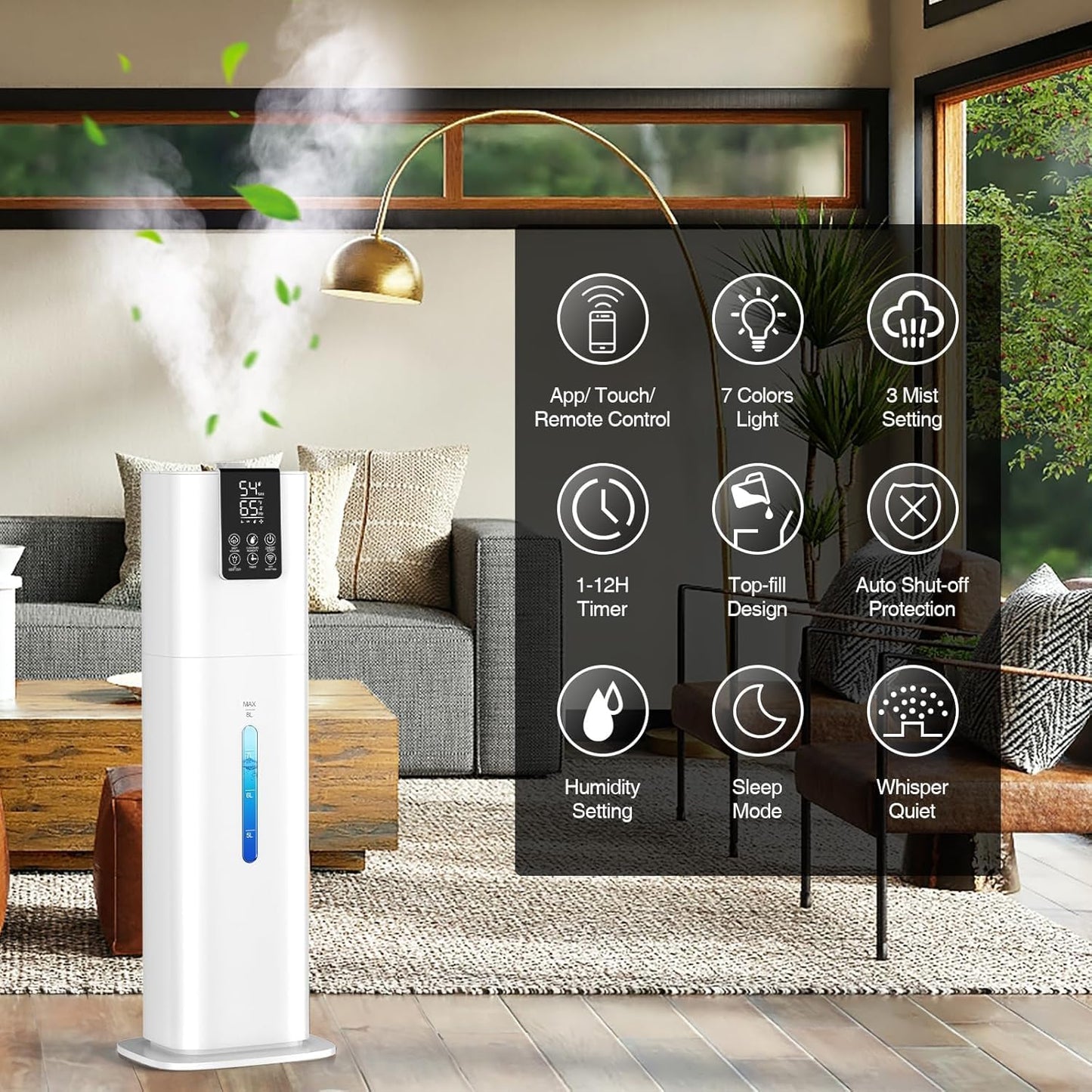 Smart Humidifiers Large Room Bedroom Home,2.11Gal(8L) Quiet Top Fill Cool Mist Humidifier,Smart App & Remote Control, 3 Speed Humidifier with 360°Nozzle,Humidity Setting for Baby Office Plant(White)
