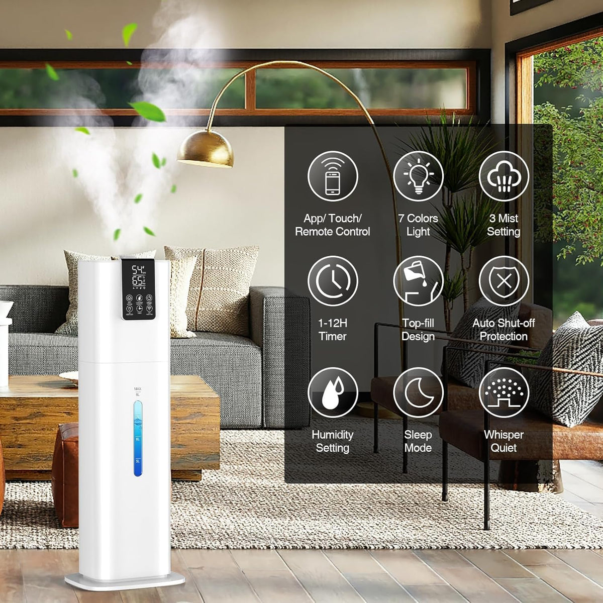 Smart Humidifiers Large Room Bedroom Home,2.11Gal(8L) Quiet Top Fill Cool Mist Humidifier,Smart App & Remote Control, 3 Speed Humidifier with 360°Nozzle,Humidity Setting for Baby Office Plant(White)