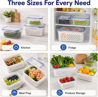 3 Pcs Fruit Storage Containers for Fridge, Produce Storage Containers with Removable Colander Basket & Airtight Lid,food storage containers, for Fruits, Vegetables & Meat