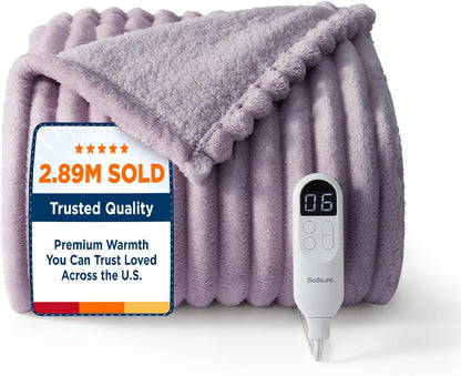 Bedsure Heated Blanket Electric Throw - Thick Striped Fast Heating Electric Blanket with Preheat Function, 6 Heat & 6 Timer (Up to 10H), 8H Auto Off, ETL Certified, Gifts for Women (50"x60", White)