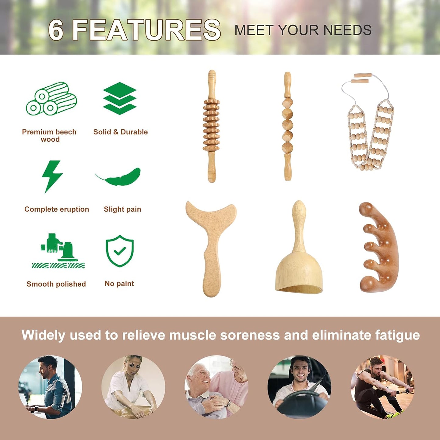 Wood Therapy Massage Tools Maderoterapia Kit Body Sculpting Tools for Lymphatic Drainage and Anti-Cellulite .Wood Massager Roller Rpoe for Back and Muscle Pain Relief (Medium)