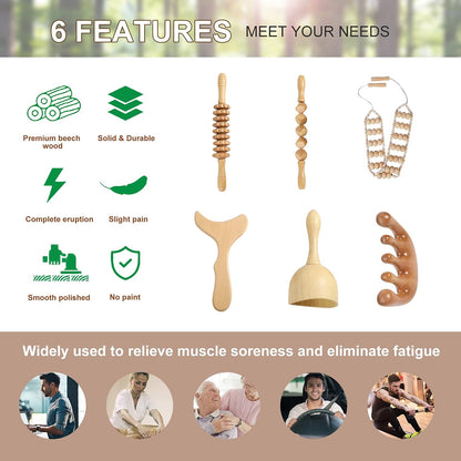 Wood Therapy Massage Tools Maderoterapia Kit Body Sculpting Tools for Lymphatic Drainage and Anti-Cellulite .Wood Massager Roller Rpoe for Back and Muscle Pain Relief (Medium)
