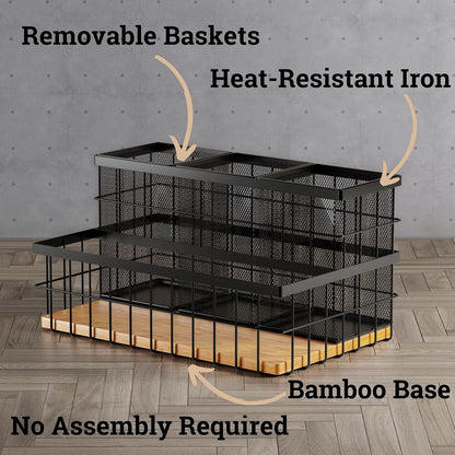Hair Tool Organizer Countertop, Breathable Metal & Bamboo, Heat-Resistant | No Assembly Required, Removable Baskets, Heat-Resistant Iron, Bamboo Base, Spacious & Breathable Hot Tools Organizer Vanity