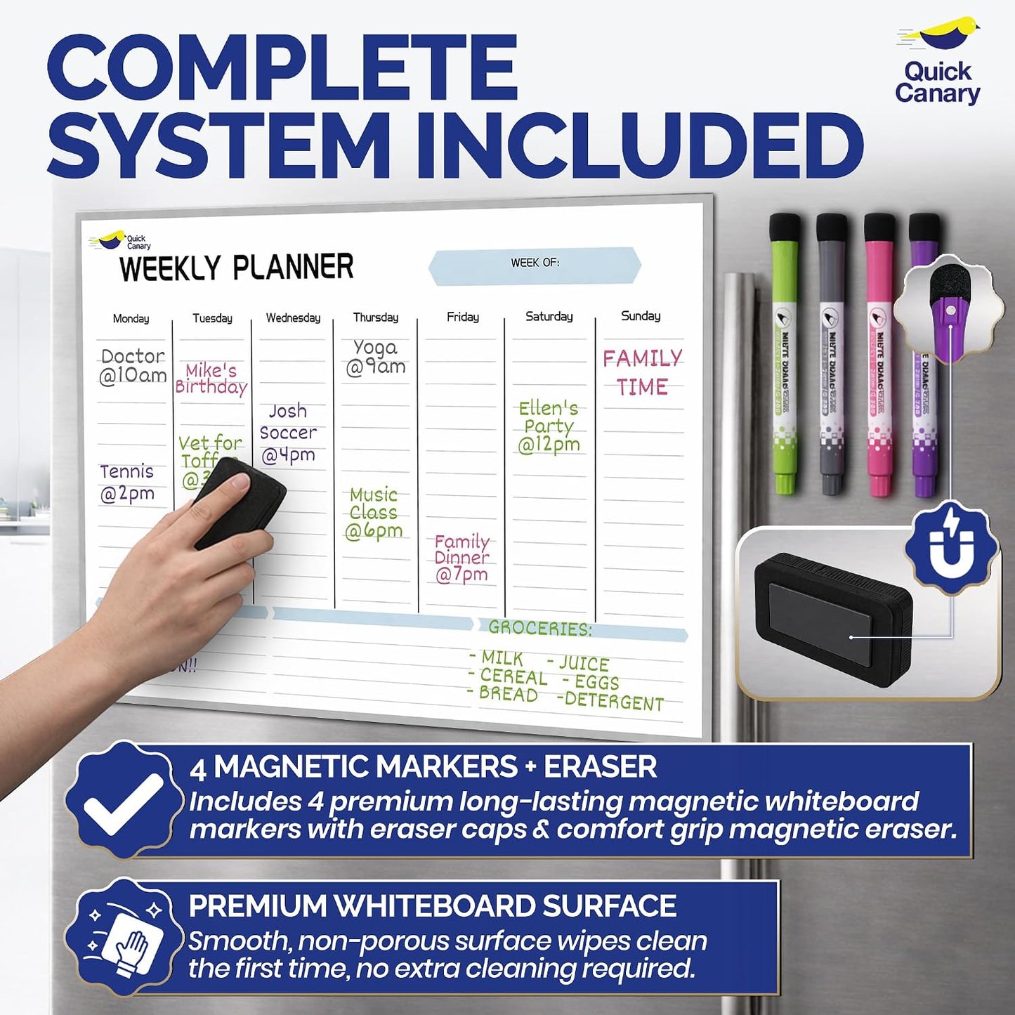 Large Magnetic Weekly Planner for Fridge, Dry Erase Whiteboard | 17x12" Stain-Resistant Surface, Strong Full-Back Magnet, 7-Day Weekly Planner for Meals & Chores, 4 Markers & Eraser