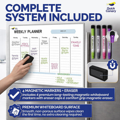 Large Magnetic Weekly Planner for Fridge, Dry Erase Whiteboard | 17x12" Stain-Resistant Surface, Strong Full-Back Magnet, 7-Day Weekly Planner for Meals & Chores, 4 Markers & Eraser