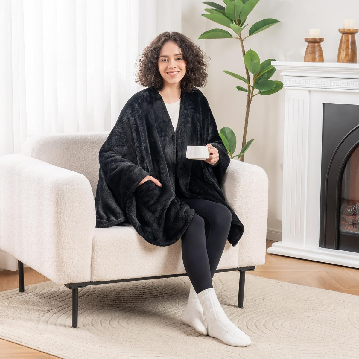 Berkshire Blanket Primalush™ Wearable Blanket, Cozy Loungewear Pocketed Plush Cape Wrap for Adults & Teens(Purple, One Size 58"X64")