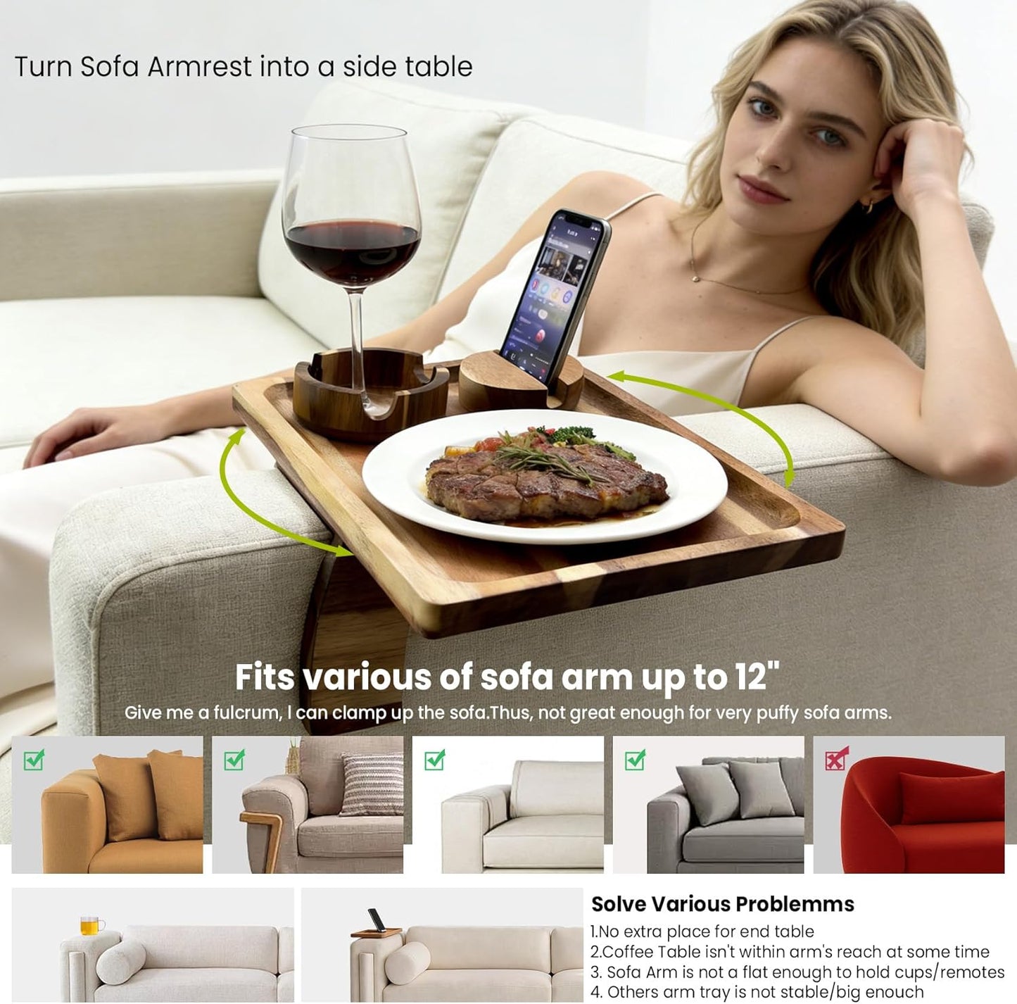 360° Detachable Rotating Acacia Wood Sofa Arm Tray Table, Serving Tray Clip On Couch Armrest Table with Cup Holder & Phone Stand, TV Dinner Tray for Eating on Sofa, TV Trays Fits for Small Spaces