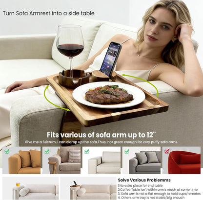 360° Detachable Rotating Acacia Wood Sofa Arm Tray Table, Serving Tray Clip On Couch Armrest Table with Cup Holder & Phone Stand, TV Dinner Tray for Eating on Sofa, TV Trays Fits for Small Spaces