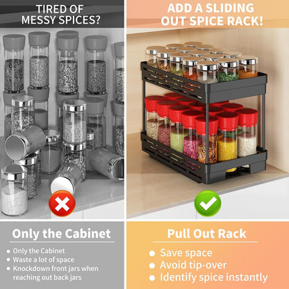 Pull Out Spice Rack Organizer for Cabinet, 3 Packs Slide Out Spice Racks Organizer, Spice Cabinet Organizers, Cabinet Size Need:12'' Highx11'' Deepx5'' Wide,Each Tier Hold 10 Spice Jar - 2 Tier, Black