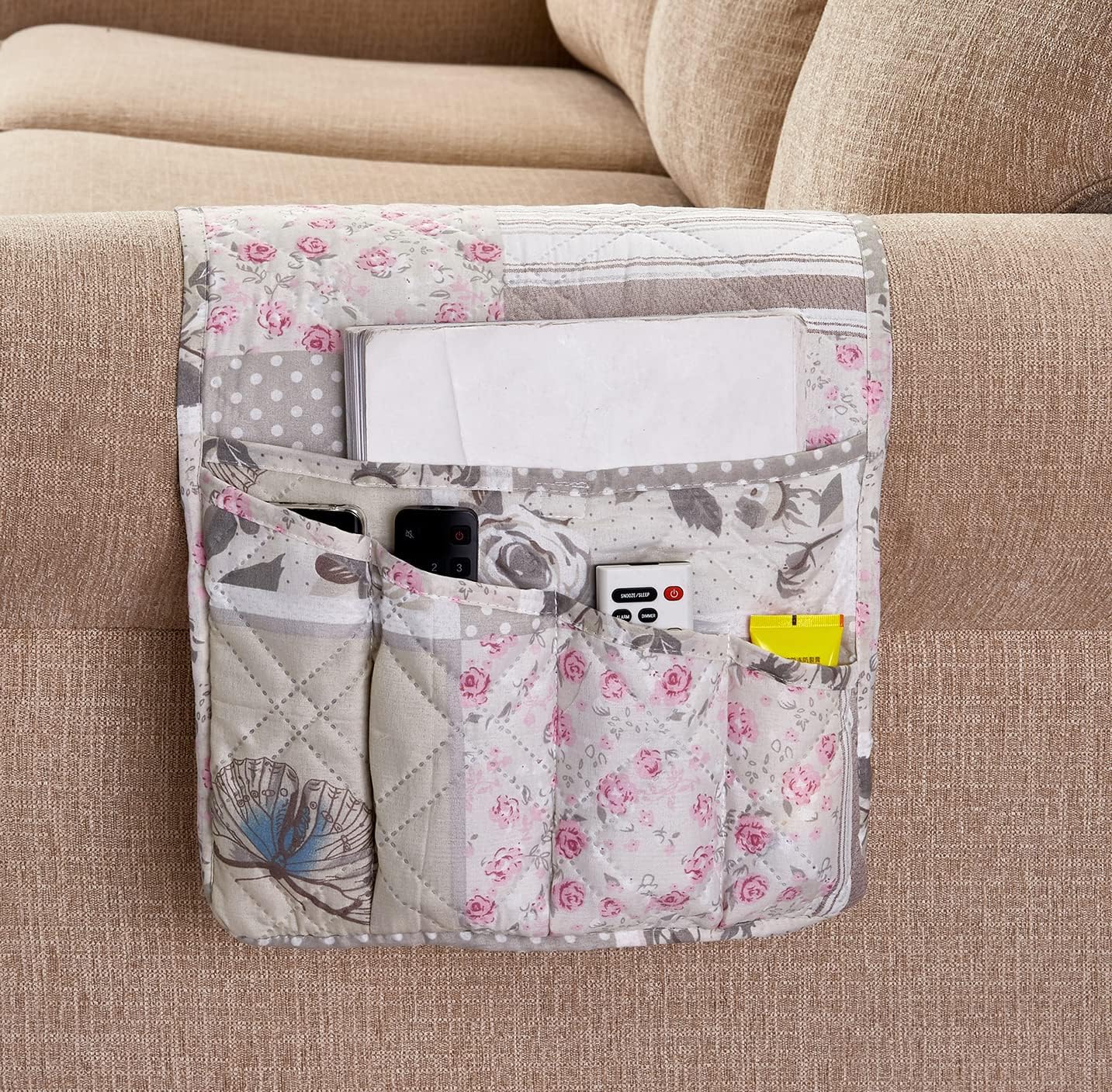 Brilliant Sunshine Burgundy Toile Floral Couch Armrest Cover, 35"×13" | Washable Magazine Holder, Armrest Organizer & Caddy on Sofa, Recliner, Armchair, Storage for Remote Controls, Phone, iPad