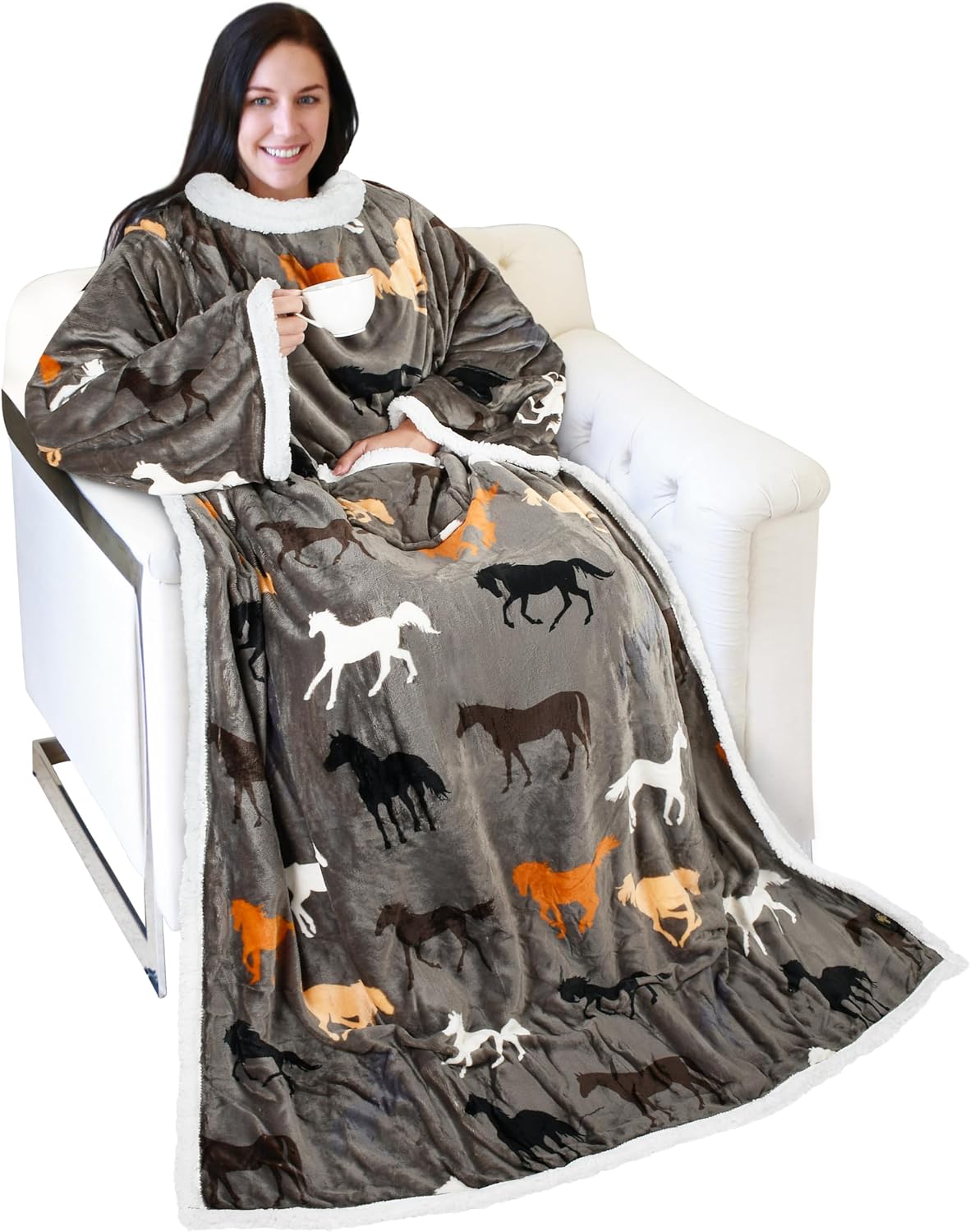 Catalonia Sherpa Wearable Blanket with Sleeves and Pocket for Adults