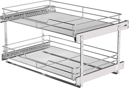 2-Tier Cabinet Pull Out Shelves, 14" W x 22" D, Chrome | Heavy-Gauge Wire Kitchen Cabinet Organizer, 100 lbs Capacity, Ball-Bearing Glides, Min 15" Opening, For Tupperware & Bowls