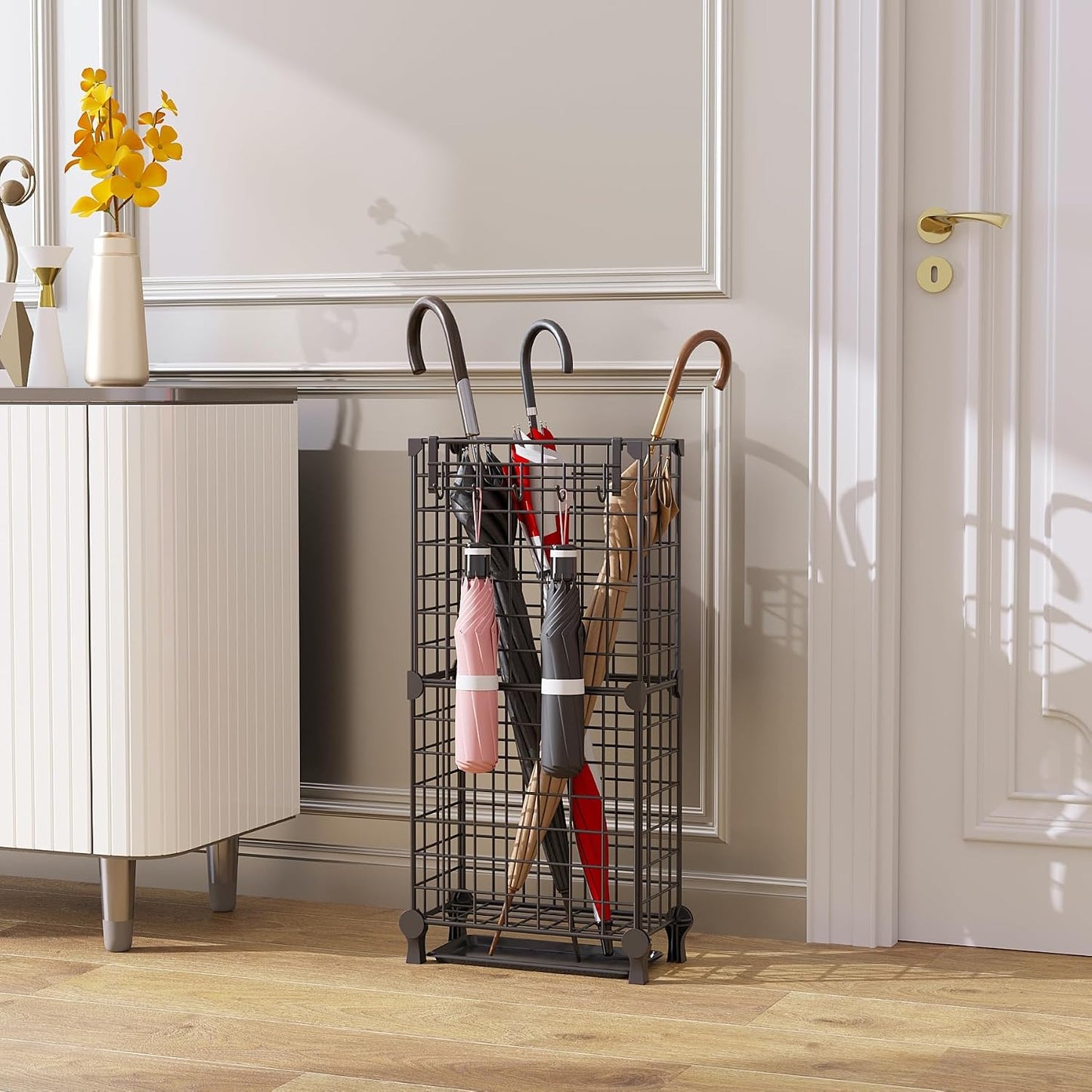 AWTATOS Umbrella Holder Entryway, Umbrella Stand Freestanding, Black | Metal Square Umbrella Rack Organizer with a Removable Drip Tray, Hooks