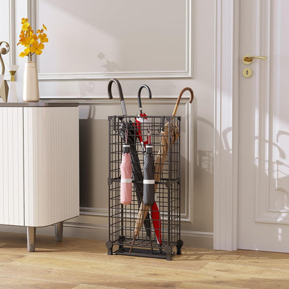 AWTATOS Umbrella Holder Entryway, Umbrella Stand Freestanding, Black | Metal Square Umbrella Rack Organizer with a Removable Drip Tray, Hooks