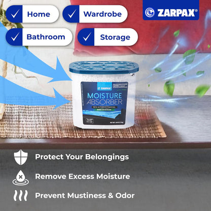 ZARPAX Moisture Absorber Activated Charcoal 10.5 oz/300g | Removes Moisture, Damp, Humidity & Odors | Odor Absorber | Moisture Trap for Bathroom, Closet, Kitchen & Small Spaces | Set of 4