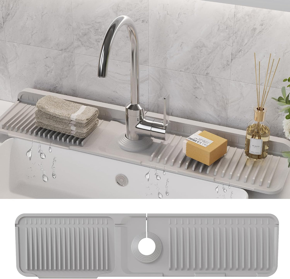 WAFT YEARN 24X5 Inch Silicone Durable Faucet Mat Kitchen Sink Splash Guard Draining Protector Tray Liner Absorbent Protective Counter Accessories For Sink Kitchen Bathroom Laundry Room Bar & RV Grey
