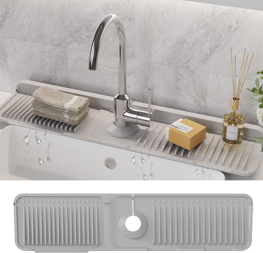 WAFT YEARN 24X5 Inch Silicone Durable Faucet Mat Kitchen Sink Splash Guard Draining Protector Tray Liner Absorbent Protective Counter Accessories For Sink Kitchen Bathroom Laundry Room Bar & RV Grey
