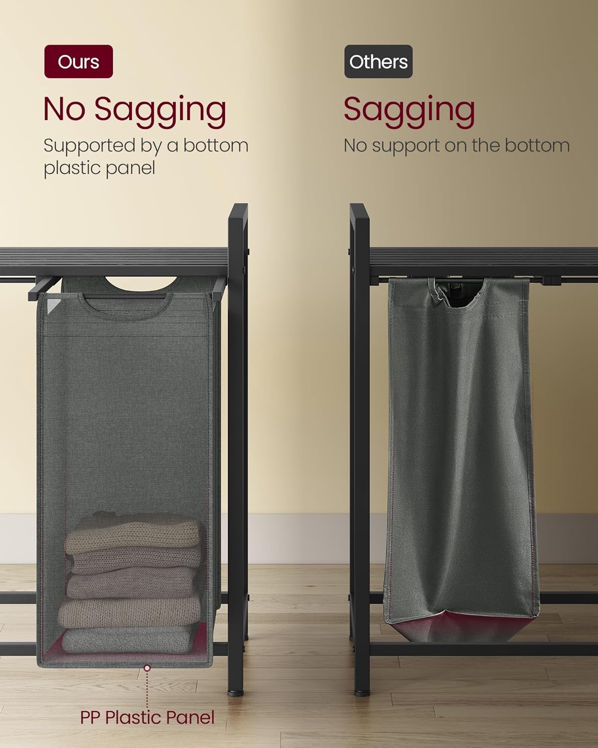 VASAGLE Laundry Hamper, Laundry Basket Sorter with 3 Pull-Out and Removable Bags, Shelf, Metal Frame, 3 x 10.6 Gallons (40 L), 36.4 x 13 x 28.4 Inches, Cappuccino Beige and Natural Beige UBLH301LH01
