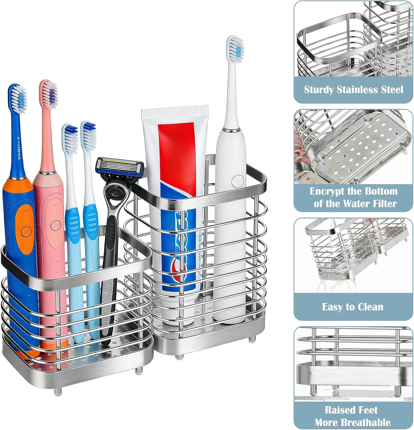 Toothbrush Holders for Bathrooms, 4 Slots Metal Tooth Brushing Organizer | Rustproof Electric Tooth Brush Toothpaste Holder with Drainage for Bathroom Countertop, White