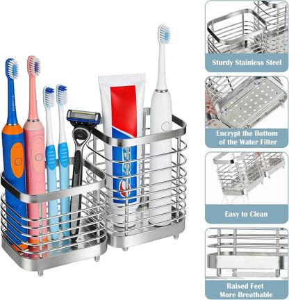 Toothbrush Holders for Bathrooms, 4 Slots Metal Tooth Brushing Organizer | Rustproof Electric Tooth Brush Toothpaste Holder with Drainage for Bathroom Countertop, White
