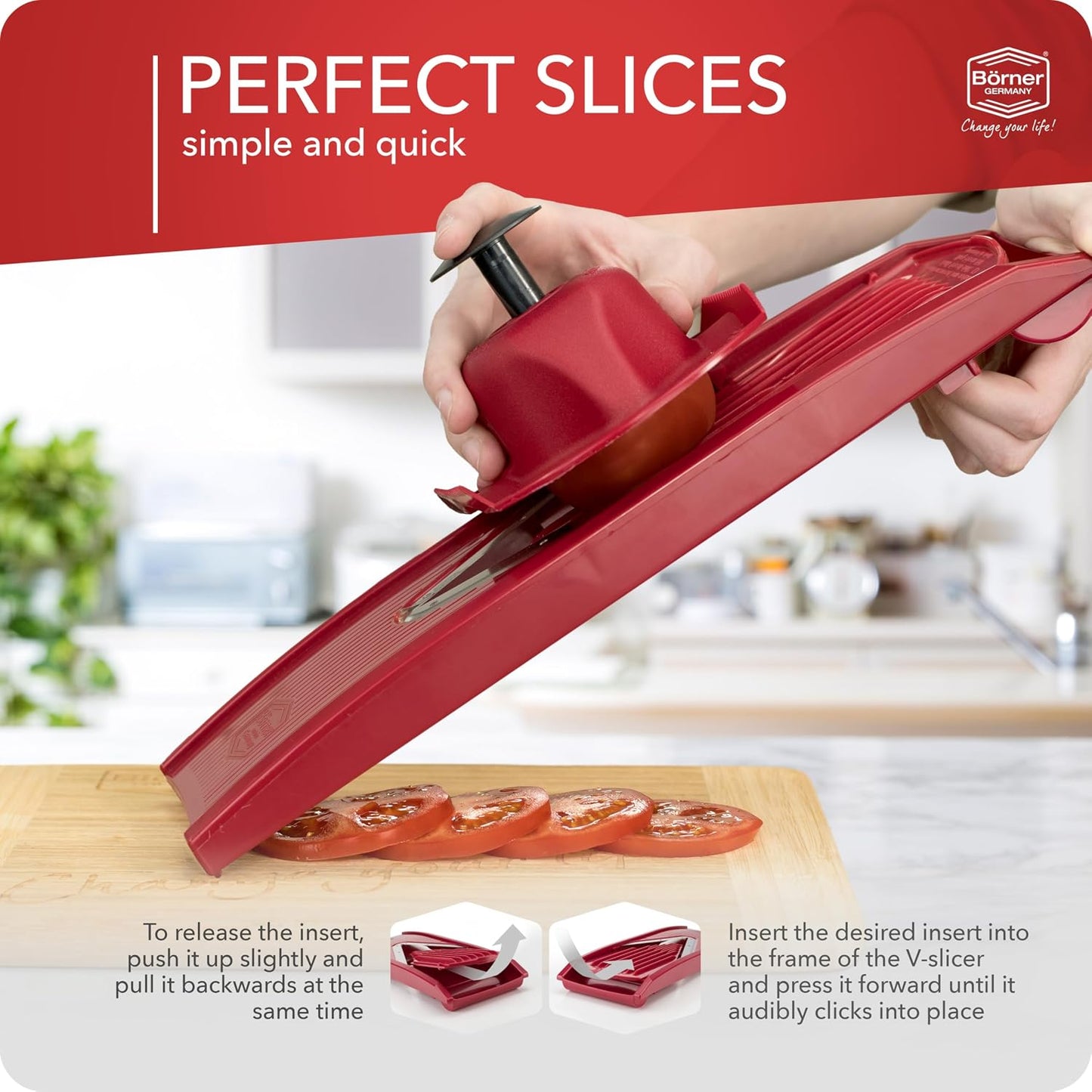 Borner Mandoline Food Slicer V1 (Basic Set) by Reston Lloyd • V-Slicer with Food Holder • Made in Germany • Fruit & Vegetable Chopper • Multiple Settings • Color: Red