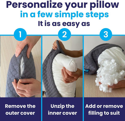 Sidney Sleep Adjustable Curved Pillows for Neck and Shoulder Support with Extra Shredded Fill - Cervical Contour Pillow for Side and Back Sleepers - Queen Size 19" x 29" CertiPUR-US Certified (White)