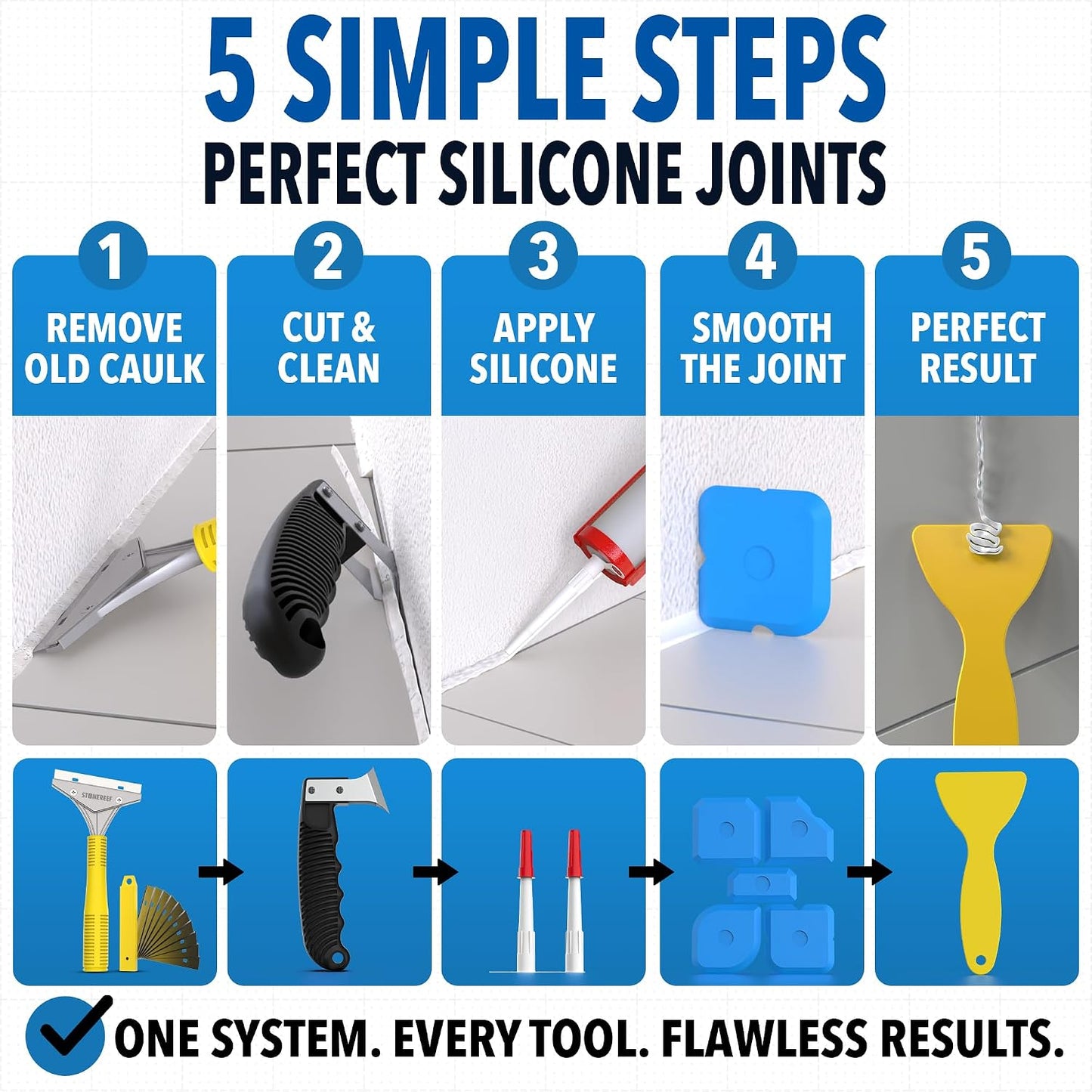 STONE REEF Silicone Caulking Tool Set – 5-in-1 Sealant Finishing Tool Kit | Caulk Remover, Grout Scraper & Applicator for Bathroom, Kitchen, Window, Sink, Tile & Joint | Professional Silicone Tools