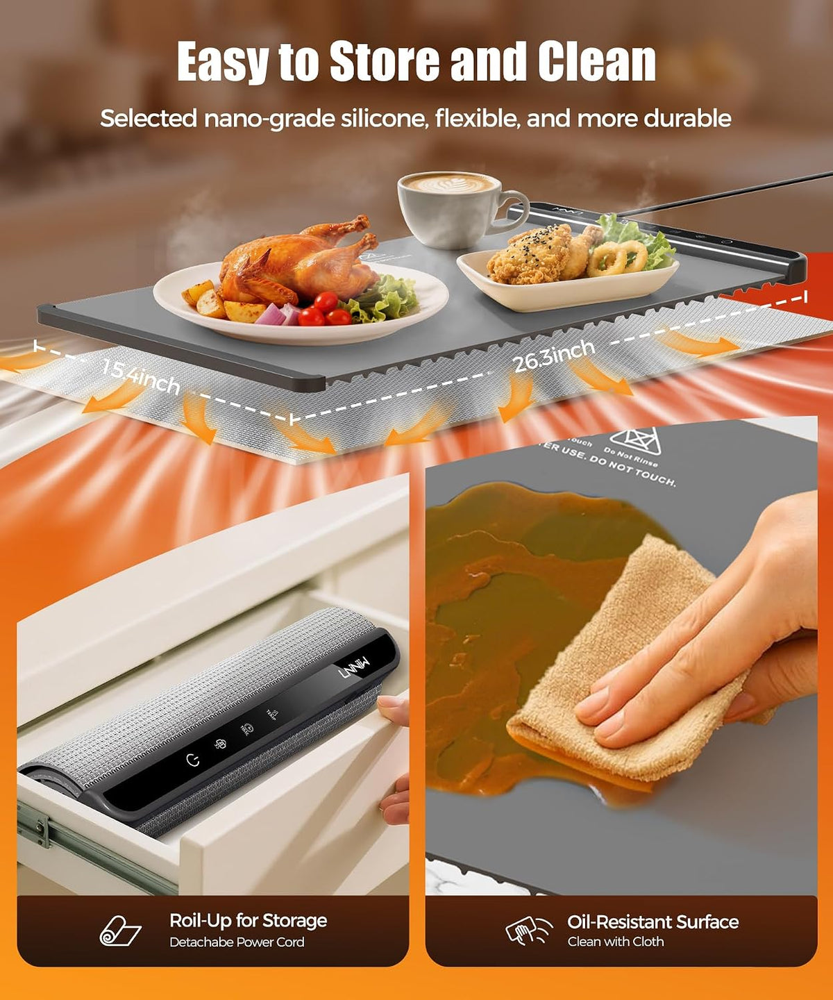 Warming Mat for Food, 26x15 Inch, Off White, Fast Heat, Child Lock