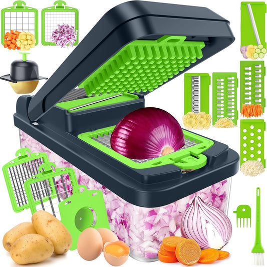 12-in-1 Vegetable Chopper with 7 Blades, Food Veggie Cutter, Green