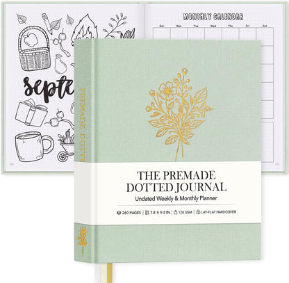 Everloria Premade Dotted Journal Notebook, 12 Months Pre-made Bullet Templates, 260 Hand-Drawn Coloring Pages, Undated Weekly & Monthly Planner, 7.8"x9.3" Linen Dot Grid Habit Mood Tracker, Lilac