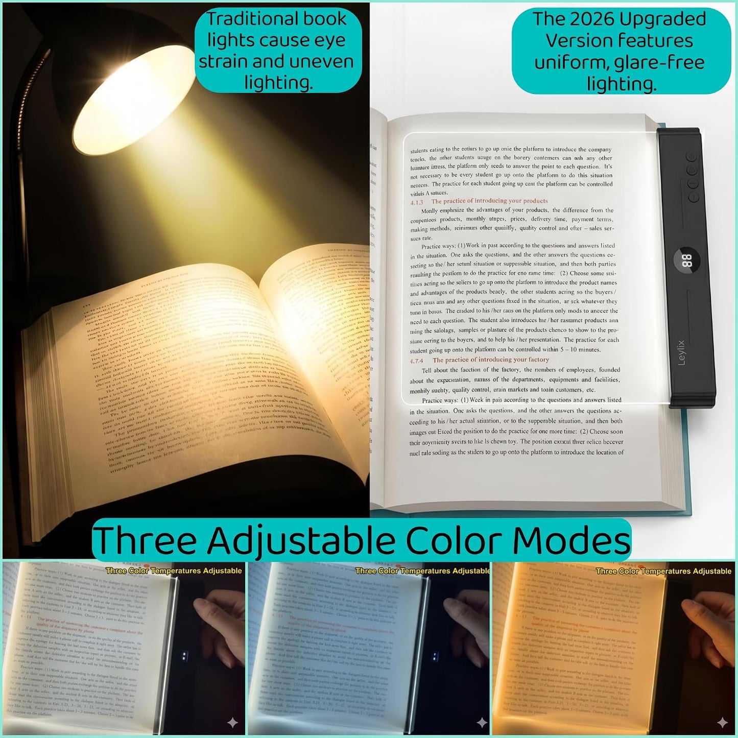 XL LED Flat Book Light for Reading at Night in Bed, Matte Pink | Eye-Caring Page Illuminator 3 Color Temperatures Stepless Dimmable USB Rechargeable, Portable Flat Panel Lamp with Soft