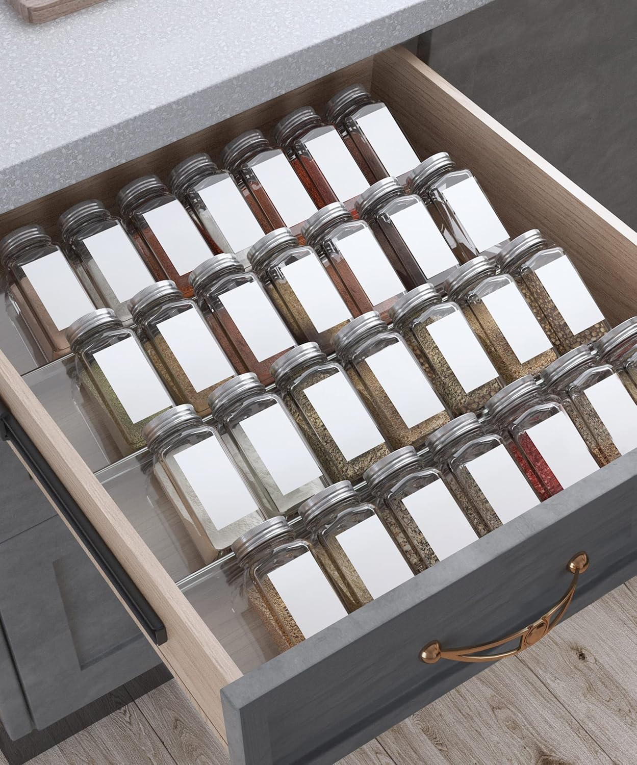 Antimbee Spice Drawer Organizer, 4 Tier- 8 Pack Kitchen Spice Rack Tray for Drawer, Expandable From 13" to 26" Acrylic Seasoning Organizer Rack Holds up 56 Spice Jars (Jars not Include)