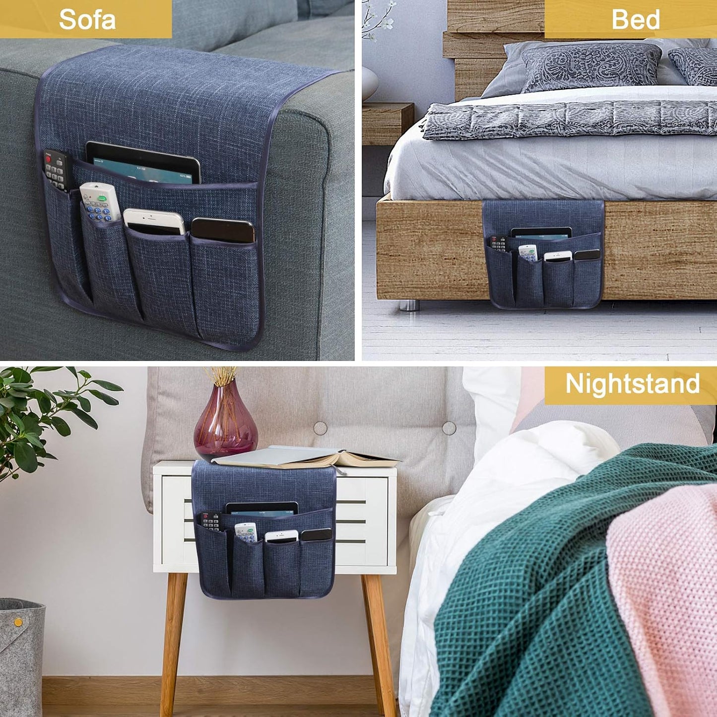 Sofa Armrest Organizer Non-Slip Remote Control Holders for Recliner Couch Chair Armchair Caddy with 5 Pockets for Table,Cell Phone,Ipad,Magazines,Books (Black, 13 x 35 Inch)