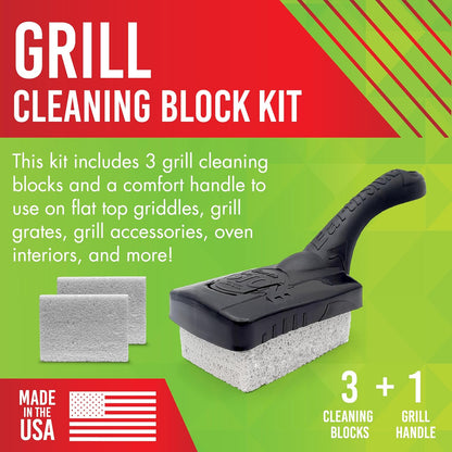 EarthStone Grill Cleaning Block Kit, 3 Blocks with 7-inch EZ-Grip Handle | Bristle Free Wire Alternative Grill Scraper Block Kit, For Porcelain, Iron Cast, & Steel Grates, No Chemical Pumice Material